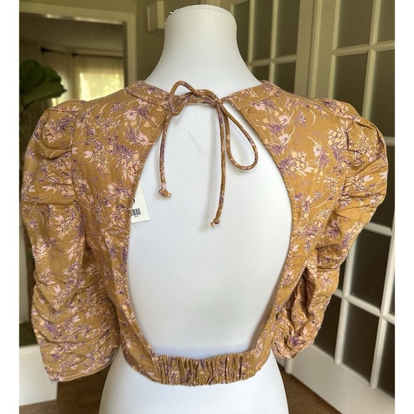 Free People Boho Floral Puff Sleeve Open Back Crop Top Mustard Purple Sz S - Picture 7 of 12